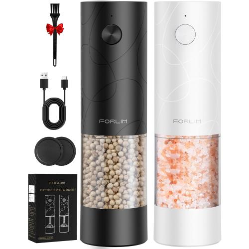FORLIM Electric Salt and Pepper Grinder Set, USB Rechargeable, Automatic Salt Pepper Mill Grinder with Dust Cover, One-Button Control, Adjustable Coarseness, White LED Light (2 Packs, Black&White)