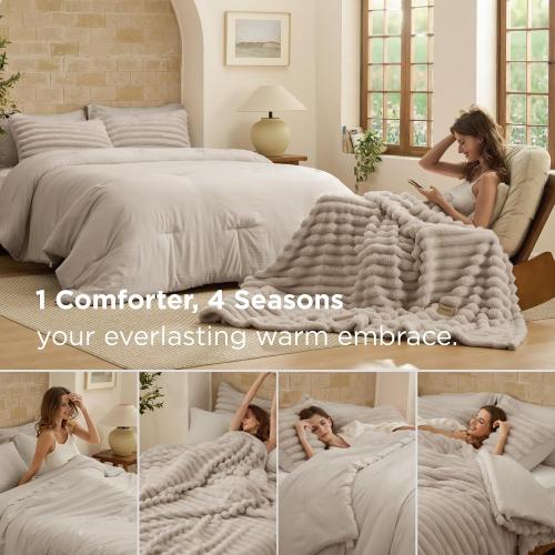 Bedsure Gentlesoft™ 2-in-1 King Size Comforter Detachable Fluffy Blanket, Beige Bedding for All Season Use, Detachable Design for Space Saving