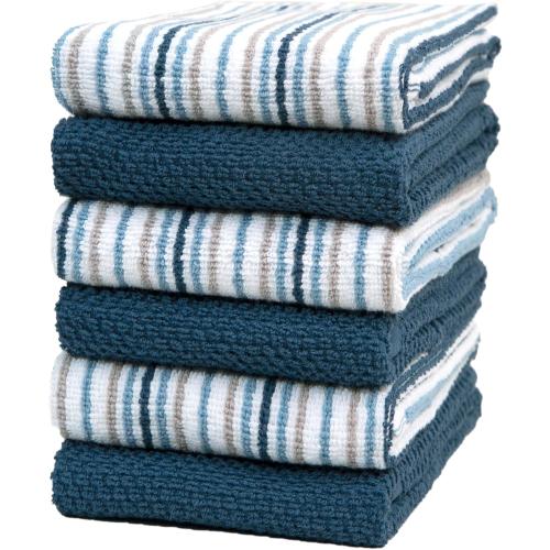 Kitchen Towels 16”x 26” - 6 Pack | Large Cotton Kitchen Hand Towels | Dish Towels | Popcorn Stripe Design | 430 GSM Highly Absorbent Tea Towels Set with Hanging Loop | Dish Towels for Kitchen | Blue