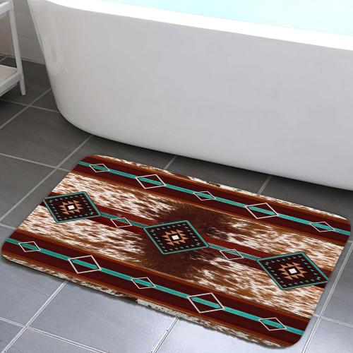 JAWO Western Aztec Bath Mat, Southwest Geometric Pattern Faux Cowhide Red Brown Bathroom Rug, Cow Print Non Slip Bathtub Mat Modern Art Bathroom Accessories Shower Mat Kitchen Rug (17X48)