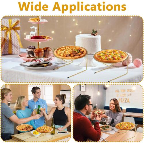 12 Pcs Pizza Pan Riser Stands Sets Includes 4 Metal Pizza Table Stands 4 Pizza Pan and 4 Wood Handle Pie Server, Pizza Rack Stand Pizza Tray for Pizza Dessert Cheese (Gold) ❗MAY HAVE MISSING PIECES❗