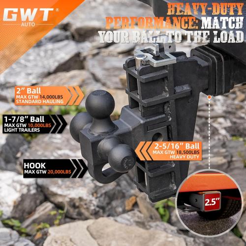 Adjustable Trailer Hitch with Hook, Tri-Ball (1-7/8 x 2 x 2-5/16) Drop Hitch, Fits 2.5-Inch Receiver, 6 Inch Drop Hitch, 18500 LBS GTW-Class 3 Tow Hitch for Heavy Duty Truck, Black