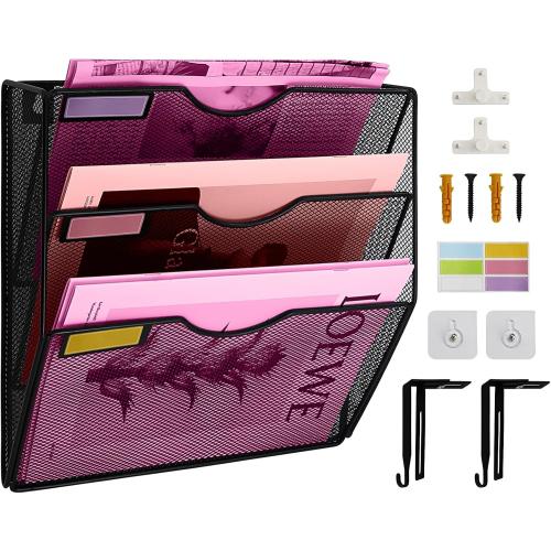 3 Pockets Mesh Wall File Holder Organizer Office Hanging File Folder Magazine Rack, Nametag Label Hooks Set Included (Black)