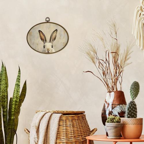 nvucamd Vintage Bunny Oval Wall Art Decor Framed, Classic Rabbit Canvas Prints Wall Art, Retro Farmhouse Easter Bunny Gifts Hanging Decor for Home Bedroom Bathroom Nursery, 11.3x8.7 Inches