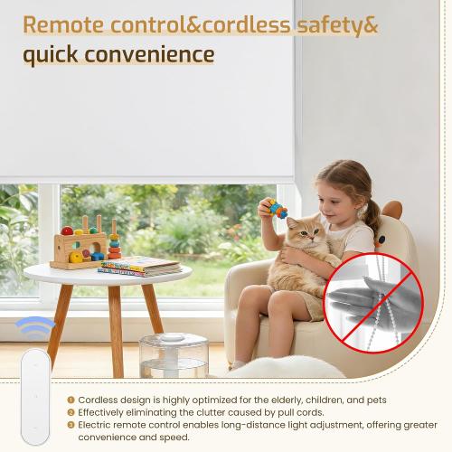 Grandekor Motorized Blinds with Remote Control, Blackout Roller Shade Electric Shades Cordless Smart Blinds for Bedroom Living Room Office,White,W34.5xH72