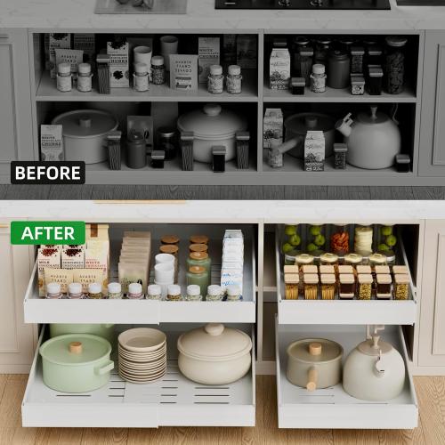 PAKETA 4 Pack Expandable Pull Out Cabinet Organizer, 21'' Deep Pull Out Drawers for Cabinet, Upgrade 3 Slide Rails Sliding Drawer for Cabinets with Adhesive Nano Film (White, 21D X 12-20W)