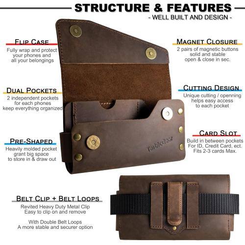 Brown Leather Double Phone Case for Two Phones, Double Phone Holster for Men Belt, Belt Clip Dual Phone Pouch for iPhone 16 Pro Max, Samsung Galaxy S23 Ultra, for Work, Construction, Large Brown