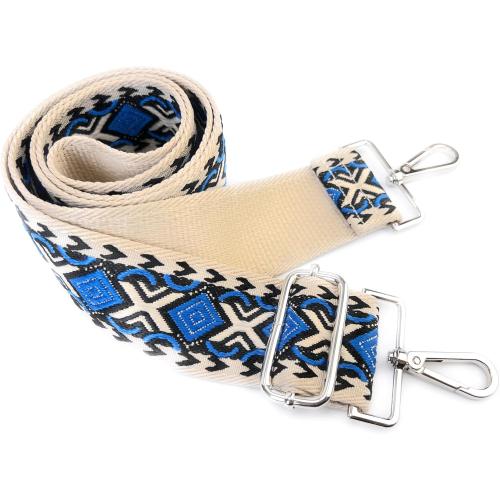 Purse Strap Replacement Crossbody 2 Inch Wide Blue Black Khaki Diamond Jacquard Weave with Silver Hooks Ethnic Guitar Style Adjustable Canvas Straps
