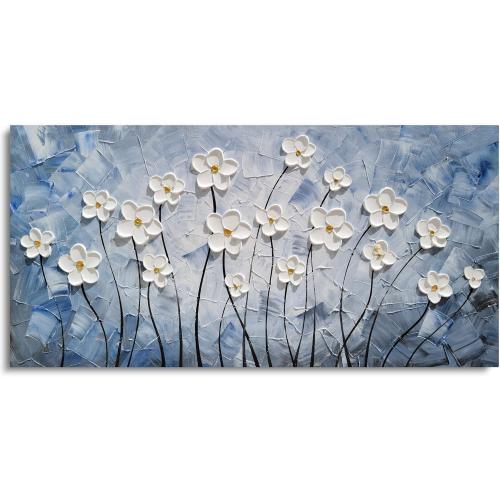 YHSKY ARTS 3D Hand - Painted White Floral Wall Art with Printed Blue Background, Textured Flower Decor for Home