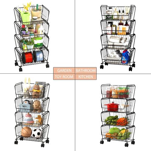 PUSDON 4-Tier Large Stackable Wire Storage Baskets with Wheels, Metal Rolling Utility Cart Organizer, Produce Basket for Kitchen Pantry, Floor Shelf, Matte Black