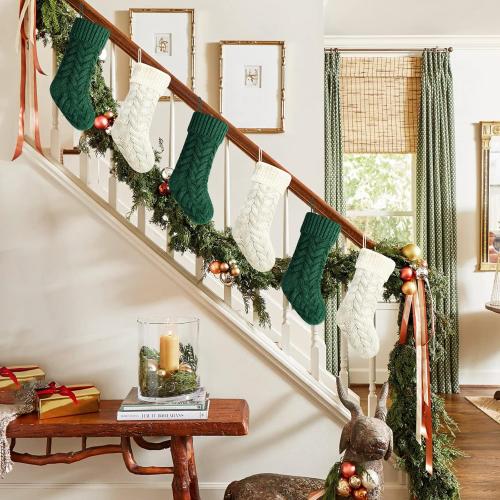 14 Green and Ivory Knit Christmas Stockings,6 Pack