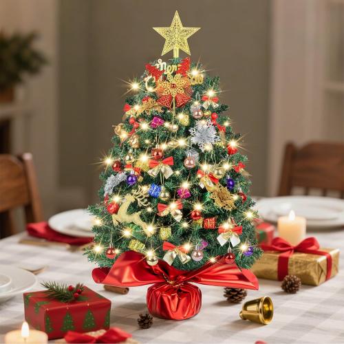 Small Christmas Tree with Lights, 24 inch/2FT Tabletop Desk Christmas Tree with 100 Branches 70 Ornaments Artificial Small XMS Tree for Table Desk Home Christmas Holiday Decor