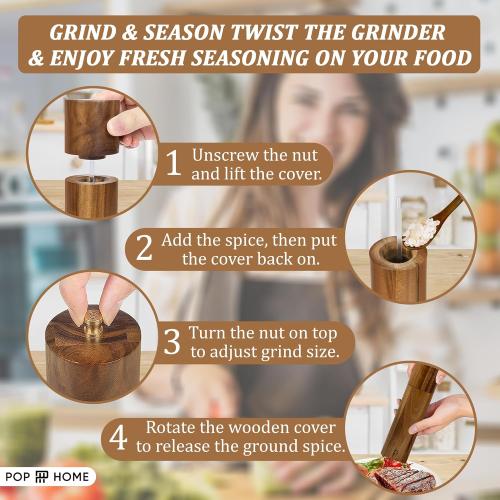 Wooden Salt And Pepper Grinder Set - 8″ Acacia Mills, Adjustable Ceramic Core, Refillable Wood Salt and Pepper Shakers With Tray, Spoon & Brush