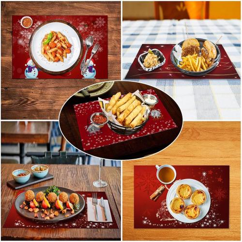 Christmas Placemats Set of 6, Heat Resistant Non-Slip Red Place Mats for Kitchen Dining Table, Washable Durable Cloth Table Mats Holiday Decor, 18x12 Inch