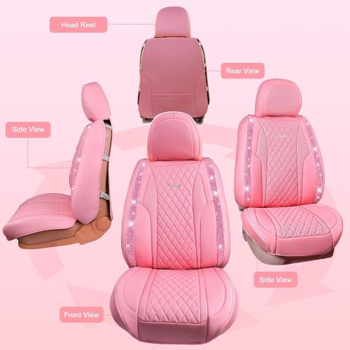 CAR PASS Pink Nappa Leather Car Seat Covers for Full Seats, Bling Diamond Waterproof Seat Protectior Universal Fit Auto SUV Sedan Truck Glitter Sparkly Shining Rhinestone for Women Girl, Pink Leather