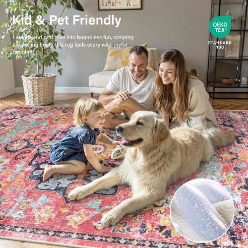 Lahome 8x10 Area Rugs for Living Room, Washable Rugs for Bedroom Aesthetic Large Dining Room Rugs for Under Table, Bohemian Printed Low Pile Nursery Carpet for Playroom Home Office, Fuchsia/Multi