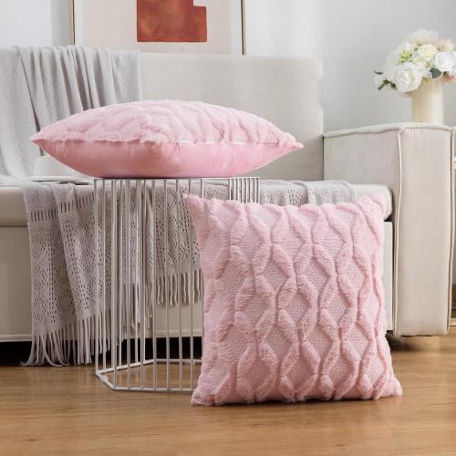 Faux Wool Throw Pillow Covers 18 x 18 Inch Set of 2 Boho Soft Plush Short Wool Pillowcase Square Cushion Case for Sofa Living Room, Light Pink