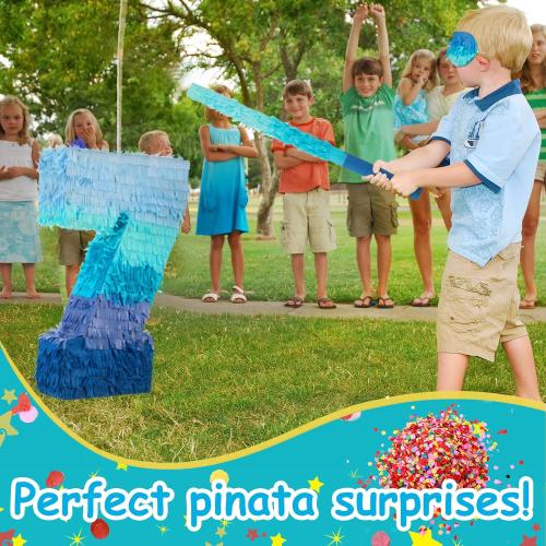 Sratte Number 1 2 3 4 5 6 7 8 9 Piñata with Stick Blindfold Confetti, Gradient Blue Piñata for Kids Boys Girls Birthday Party Anniversary Decorations Supplies(Number 7)