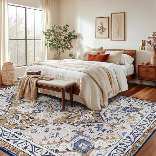 Rugflix 3x5 Area Rug for Living Room, Machine Washable Area Rugs with Non-Slip Backing, Large Soft Boho Vintage Rug for Bedroom, Dining Room, Low Pile Carpet, Kids Pet Friendly, Brown Beige