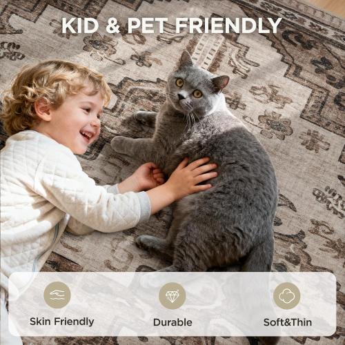 Joydeco 8x10 Area Rugs for Living Room, Non Slip Machine Washable Vintage Rug, Low Pile Chenille Print Rugs for Bedroom, Dining Room, Home Office, Pet & Child Friendly, Light Coffee