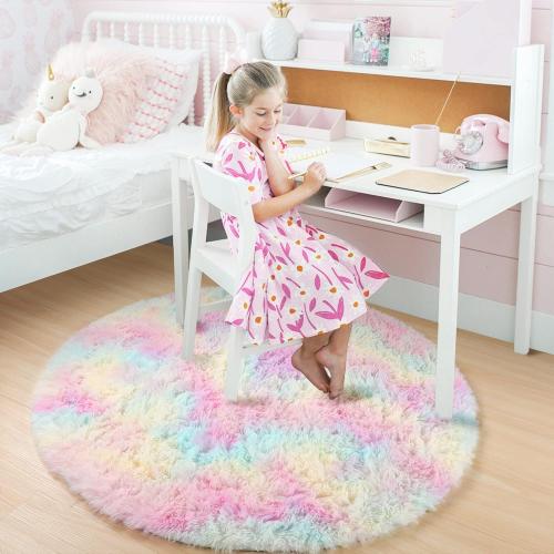 Amdrebio Rainbow Fluffy Round Rug 4Ft Kids Rugs for Girls Bedroom, Unicorn Room Decor, Colorful Pastel Shag Carpet for Preppy Dorm, Soft Cute Fuzzy Kawaii Circle Area Rugs for Baby Nursery, Playroom