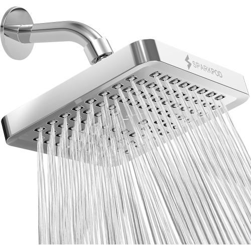 SparkPod Rain Shower Head, 6 Inch Square, Luxury Polished Chrome Finish | High Pressure Shower Heads, 90 Nozzles, Adjustable Showerhead, No Tools Needed, Universal Connection