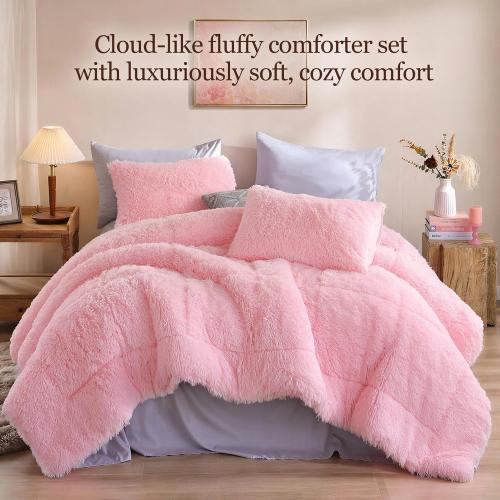 Smoofy Fluffy Full Size Comforter Set, Faux Fur Pink Comforter Set, Luxury Fuzzy Bedding Set, Soft Shaggy Full Bed Set for All Season, 3 Pieces - 1 Comforter & 2 Pillowcases