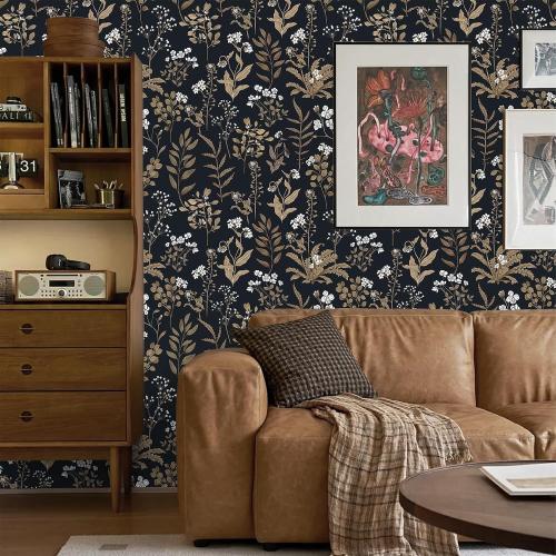 Abyssaly Peel and Stick Wallpaper Vintage Wallpaper Floral Contact Paper for Bedroom Shelf Liner Decor (Black, 17.7 x 118)