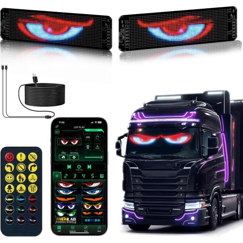 Gelrova Dual-Panel Blinking Devil Eyes Light LED Car Windshield Display: 2-Pack 14x4 Programmable Matrix, Single USB Power, Remote/App Control, Custom Text/GIFS for Car SUVs, Trucks