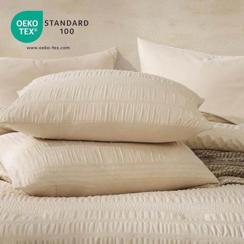 Queen Comforter Set, 7 Pieces Beige Seersucker Bed in a Bag Queen Size Soft All Seasons, Bedding Sets with Comforter, Flat Sheet, Fitted Sheet, 2 Pillow Shams, 2 Pillowcases