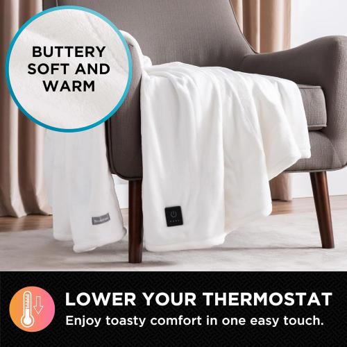 Brookstone Electric Heated Plush Throw - Heated Blankets - 4 Heat Settings, 4-Hour Auto Shut Off, 100% Polyester, 50x60 - Ivory