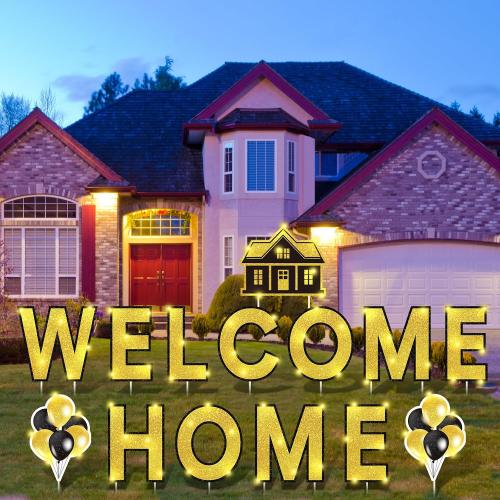 Yerliker 14 Pcs Welcome Home Yard Sign with Stakes LED Light 12.6 Welcome Home Lawn Sign Outdoor Yard Letters Decorations Patriotic Military Homecoming Party Supplies (Gold)