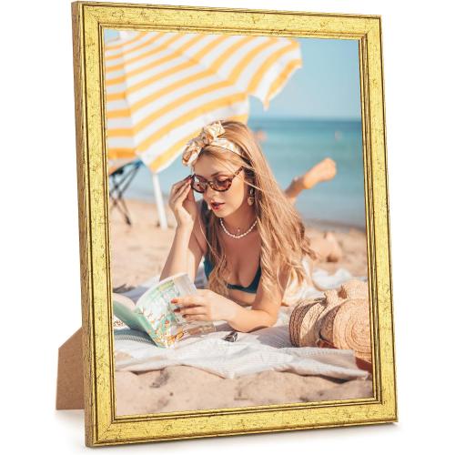 Wood 11x13 Frame Gold, Ornate Natural Wooden 13x11in Picture Frames, Modern Golden 11 x 13inch Gallery Photo Pic Frame with HD Plexiglass, Horizontal Vertical Wall Mounting Tabletop Display 1Pcs