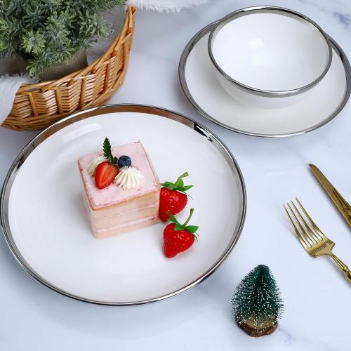 12-Piece Porcelain Dinnerware Set with Silver Rim- Durable Porcelain Plates & Bowls, Complete Service for 4