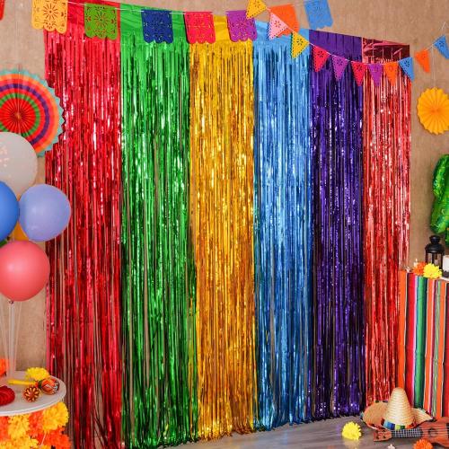 Mega-L Fiesta Taco Foil Fringe Curtains, Mexican Party Backdrop, 2 Pack