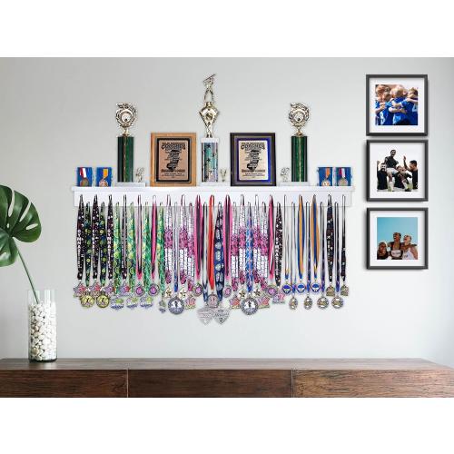 4ft- Medal Awards Rack Premier Medal Hanger Display Rack and Trophy Shelf for Gymnastics, Soccer, Basketball, Football, and More. The Largest Medal and Award Display- 48”