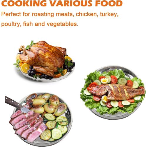 14 In Stainless Steel Roasting Pan, Stainless Steel Heavy Duty Kitchenware Round Roaster Pan Large XLarge Big Size Green Egg Drip Pan for Turkey Baking,Roast Chicken,Brushed Surface & Dishwasher Safe