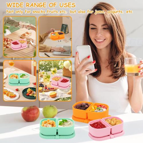Bento Box 2 Pack Silicone Reusable Snack Containers with Lids, Double Compartment Snack Containers, Silicone Snack Box, Snackle Box Container for Travel, Office, Picnic(Pink/Green)