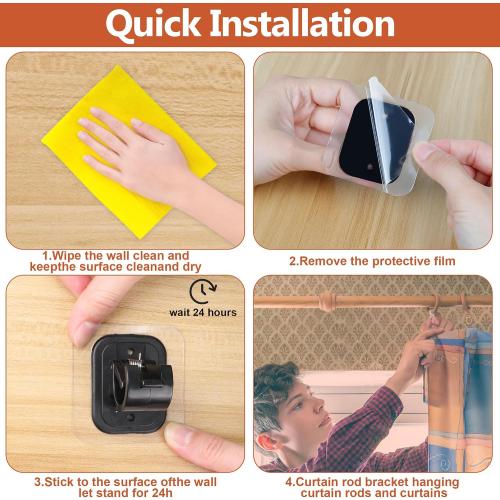 Adhesive Curtain Rod No Drilling for Renter 48 to 84 Inch Adjustable, Black | Easy Tool-Free Installation, No Drill, Non Screw, Stick on Apartment Friendly Poles with Screwless Bracket Holder Hook, Black