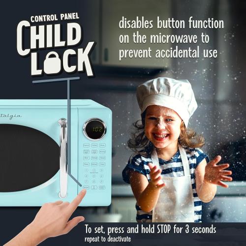 Color Blue Nostalgia Retro Microwave Oven - 0.7 Cu Ft, 700-Watt Countertop Size with Glass Turntable, Child Safety Lock, 8 Auto-Cook Programs, Digital Clock - Aqua