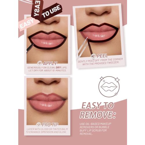 Lip Stain Peel Off Lip Liner Stain with Tweezer, Long Lasting Matte Lip Tint Tattoo, Highly Pigmented Color Lip Makeup, Waterproof Lipstick, Transfer-proof Lipstain for Women, Nude