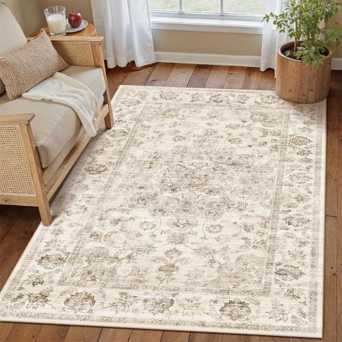 Jinchan .....3x4 Washable Neutral Area Rug Beige Vintage Entryway Office Carpet Non-Slip Soft Low Pile Floral Throw Rug for Entrance Living Room Bathroom Dining Room