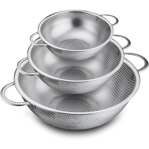 P&P CHEF Colander Set of 3, 1/3/5 Qt, Stainless Steel Colanders Strainers | Metal Micro-Perforated Colanders and Strainers for Draining Rinsing Washing, Ideal for Pasta Fruits, Dishwasher Safe