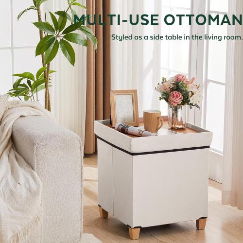 Ottoman with Storage, Square Storage Ottoman for Dorm, Velvet Ottomans with Legs for Living Room, Bedroom, 17.7 D x 17.7 W x 19.9 H, Cream White