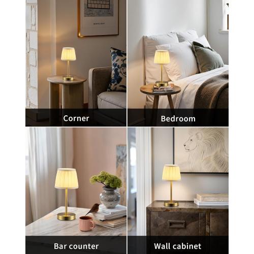 PUSU Cordless LED Gold Table Lamps, Rechargeable 4000mAh 3 Way Dimmable Bedside Small Lamp with Fabric Shade, Lighting for Bedroom, Kids Room, Bathroom, Kitchen, Decor, Gift, Night Light