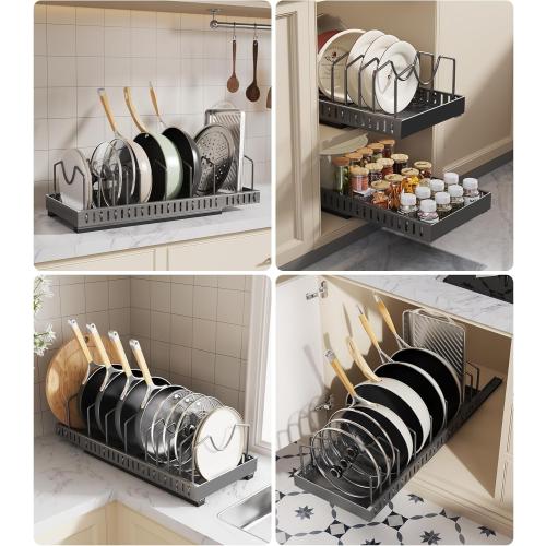 Pull Out Pots and Pans Organizer Under Cabinet, Expandable Sliding Lid Holder and Pan Rack for Kitchen, Slide Out inside Cabinet for Pot Lid, Bakeware, Dishes, 10 Adjustable Dividers, 1 Pack Black