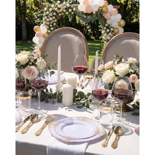 Nervure 350PCS Gold Plastic Plates - Gold Plastic Dinnerware Sets for 50 Guests - 100 Disposable Plates, 150 Silverware, 50 Cups, 50 Napkins for Wedding & Party