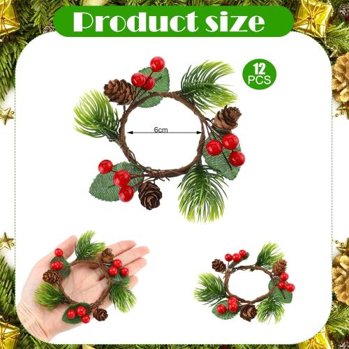 WILLBOND Christmas Napkin Rings Set of 12 Berry Napkin Ring Holders Pine Cones Pine Needles for Holiday Dinner Table Decorations