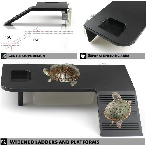 Turtle Basking Platform with Feeding Area,Turtle Basking Platform Large-with Two Strong Vacuum Suction Cups and Support Base,Suitable for Deep-Water and Semi-Aquatic Turtles (Black, Large)