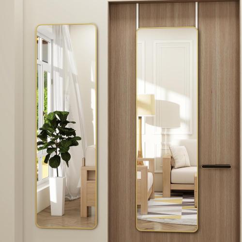 Full Length Door Mirror 14x48, Metal Frame with Protective Film, No-Drilling Hanging or Wall Mount (Horizontal/Vertical), Hooks & Hardware Included, Full Body Mirror for Bedroom, Dorm, Gold